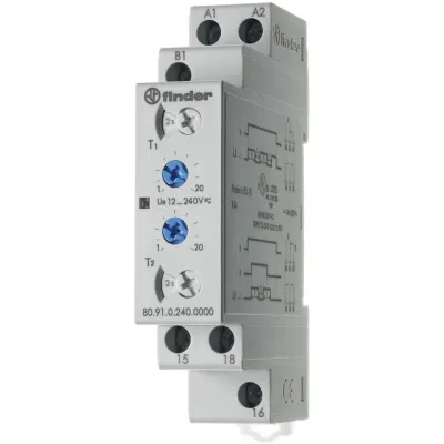 Finder Zeitrelais 80.91.0.240.0000 | asymmetrischer Taktgeber | 1 Wechsler 16A | 12–240V AC/DC | 0,1s–24h | DIN-Schiene
