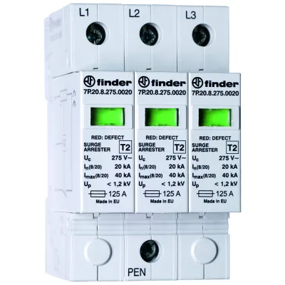 FINDER Überspannungsableiter Typ 2 7P.23.8.275.0020 | 20 kA | 275 V | 3-phasig | Hutschiene | IP20 | optische Anzeige