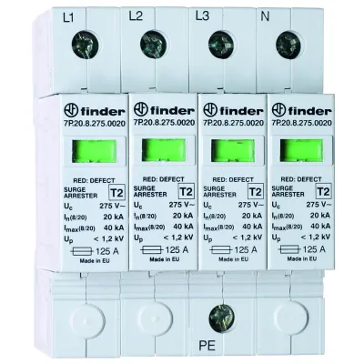 Finder Überspannungsableiter Typ 2 7P.25.8.275.0020 | SPD 3-phasig TN-S | 20kA 230V | Hutschiene | 4TE | IP20