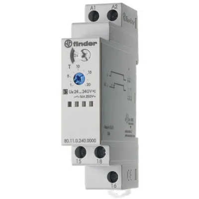 Finder Zeitrelais 80.11.0.240.0000 | Multifunktionsrelais für Reiheneinbau 16A | 24–240V AC/DC | 0,1s–24h | Grau