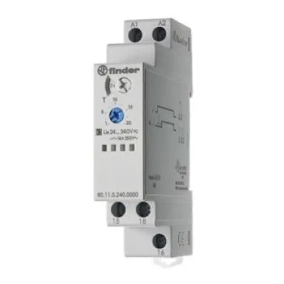 Finder Zeitrelais 80.11.0.240.0000 | Multifunktionsrelais für Reiheneinbau 16A | 24–240V AC/DC | 0,1s–24h | Grau