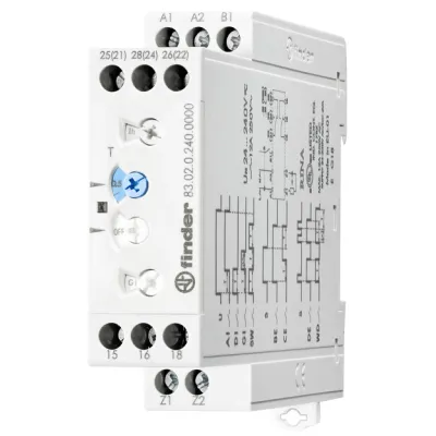 Finder Zeitrelais 83.02 | Multifunktionsrelais | 12A 250V | DIN-Schiene | 2 Wechsler | 0,05s–10 Tage