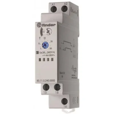 Finder Zeitrelais 80.11.0.240.0000 | Ansprechverzögerung | 0,1s–24h | 24–240V AC/DC | 1 Wechsler 16A | DIN 17,5mm | IP20