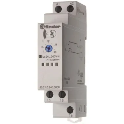 Finder Zeitrelais Einschaltdauer 80.21.0.240.0000 | 24–240V AC/DC | 0,1s–24h | 1 Wechsler 16A | DIN-Schiene | IP20
