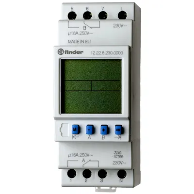Finder Zeitschaltuhr 12.22.8.230.0000 | elektronisch | 2 Kanäle | Wochenprogramm | 16A | 230V AC | DIN-Schiene | grau