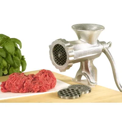 Karl Krüger Fleischwolf FW 8 | Gr. 8 | Grauguss verzinnt | 3 Lochscheiben (5/6/8 mm) | Spritzgebäck-Vorsatz | silber