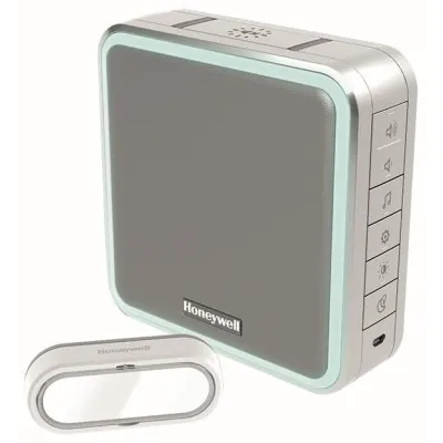 Honeywell Funk-Gong-Set DC915SGL | Drahtlos Türgong 200m, 8 Melodien, 90dB, HALO-Lichtring, Schlafmodus | silbergrau