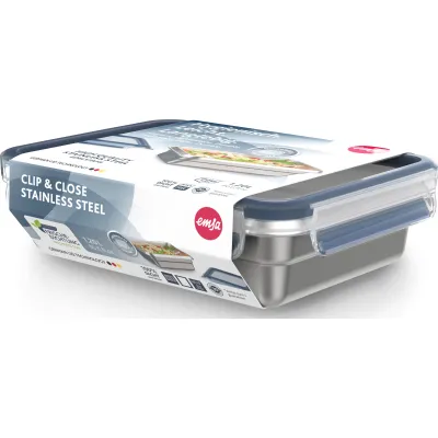 Emsa Frischhaltedose Clip & Close N1150500 | 1,2 Liter | Edelstahl rechteckig | auslaufsicher | spülmaschinenfest