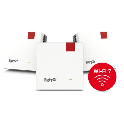 AVM FRITZ!Mesh Set 1700 3er Pack | WLAN Repeater Wi-Fi 7 bis 3.600 MBit/s | Dualband | Mesh | 1x Gigabit-LAN | weiß/grau
