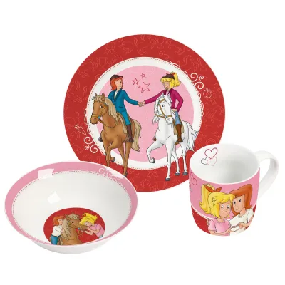 GEDA LABELS Kindergeschirr Bibi & Tina 14043 | 3-tlg. Porzellan Geschirrset | spülmaschinen- & mikrowellengeeignet | rot