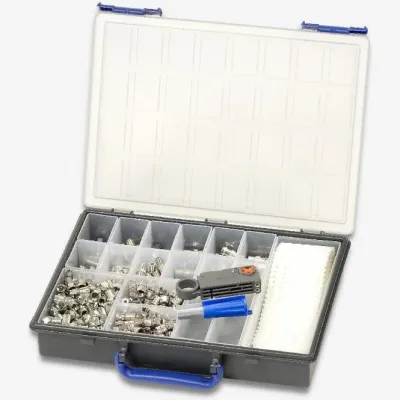 Fuba Verbindungsmaterial Koffer OVZ 160 | F-Stecker Sortiment 286-teilig | Profi-Set | Kunststoffbox transparent