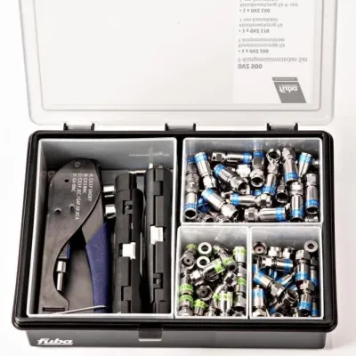 Fuba F-Kompressionsstecker-Set OVZ-900 | Komplettset mit Abisolierzange | für 4mm, 5mm, 7mm Koaxialkabel | weiß