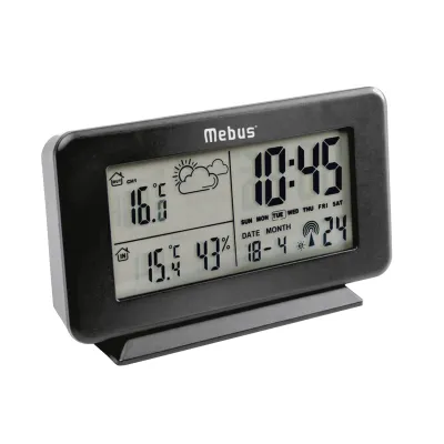 MEBUS Funk-Wetterstation 10005316 | kabellos | Wettervorhersage | Thermometer | Hygrometer | Funkuhr | schwarz