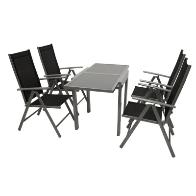 FRG Gartenmöbel Set 5-teilig 4057622400813 | Aluminium Klappsessel & Auszieh-Tisch | Glasplatte | Schwarz | Outdoor