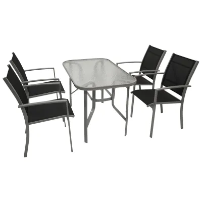 Gartengarnitur 5-teilig | Gartenmöbel-Set | Stahlgestell | 4 Stapelsessel | Glastisch 120x70 cm | schwarz