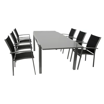 Gartenmöbel Garnitur 7-teilig | Aluminium Gestell grau | Ausziehtisch Glas | 6 Stapelsessel schwarz