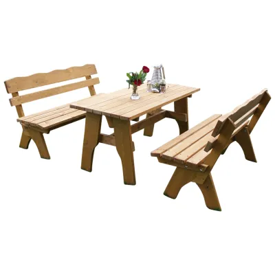 Gartengarnitur Freital 3-teilig 150cm | 2x 3-Sitzer Bank & Tisch | Kiefer massiv | hellbraun | Outdoor Sitzgruppe