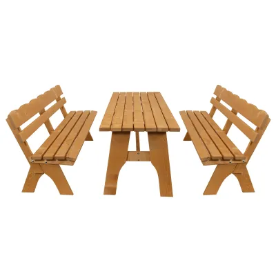 Gartengarnitur FREITAL 3-tlg 200cm | Sitzgruppe Gartenmöbel | 2x 4-Sitzer Bank & Tisch | Kiefer massiv hellbraun