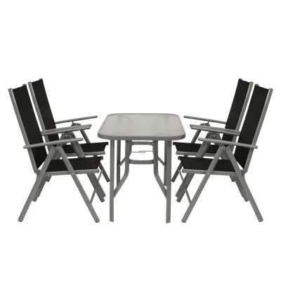FRG Gartengarnitur RAVENNA 30034 | Gartenmöbel-Set 5-tlg. | 4 Klappsessel & Tisch 120x70 cm | Aluminium & Glas | Schwarz