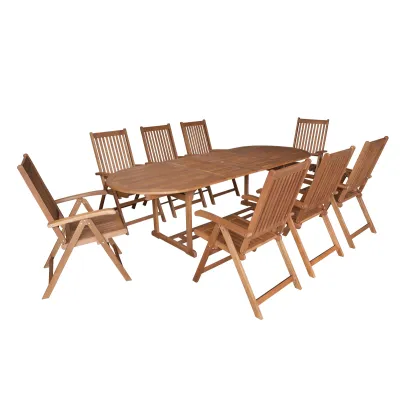 Gartenmöbelgarnitur 9-teilig | Ausziehtisch 180–260 cm | 8 Klappsessel | Eukalyptusholz geölt | FSC-zertifiziert