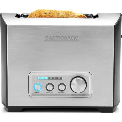 Gastroback Toaster 42397 Design Pro 2S | Edelstahl | 950W | breite Schlitze | Brötchenaufsatz | Auftaufunktion