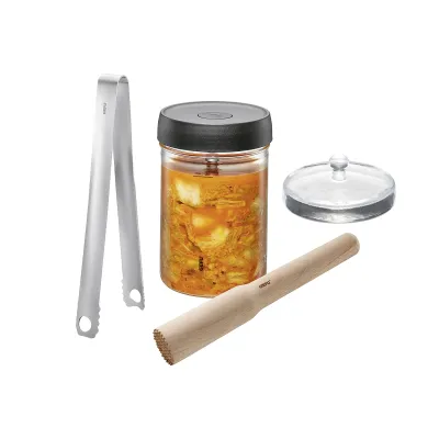 GEFU Fermentier-Set Nativo | Fermentationsglas mit Ventil 1L | 5-teilig | Glas, Edelstahl, Buchenholz | Gemüse einlegen
