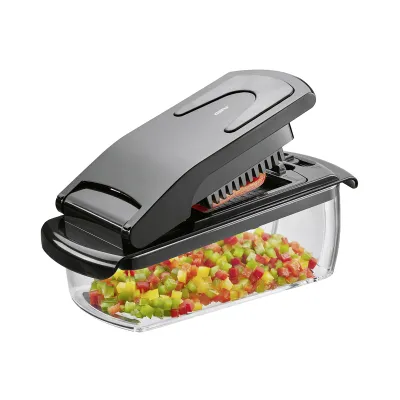 GEFU Gemüseschneider Treppo | Würfel- & Stifteschneider | 2 Schneidgitter | 1000 ml | inkl. Deckel & Reinigungskamm