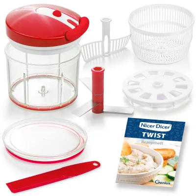 Genius Nicer Dicer Twist | Universalzerkleinerer 9-teilig | manuell mit Zugmechanik | 1.000 ml | rot
