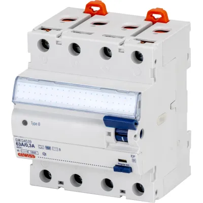 GEWISS FI-Schutzschalter GWD4539 | Typ B | 4-polig | 63A | 400V | 0,3A | RCCB | Kurzzeitverzögert | DIN-Schiene | IP20