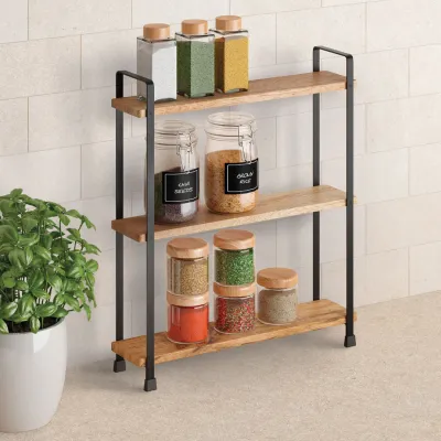 Metaltex Gewürzregal York Lava 350803000 | 3 Etagen | Akazienholz & Metall | rutschfest | 34x8x38 cm | schwarz/natur
