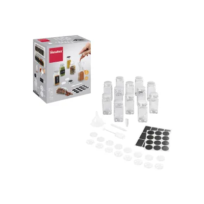 Metaltex Gewürzgläser Set 12er | Shake-It Gewürzstreuer | luftdicht | Glas/Inox | 16 Streueinsätze | Trichter | Labels