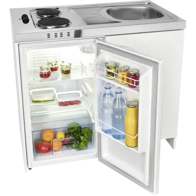 Exquisit Mini-Küche Pantry KK1085 | 2 Kochplatten | Kühlschrank 76 l | Edelstahl-Spüle rechts | 100 cm breit | weiß