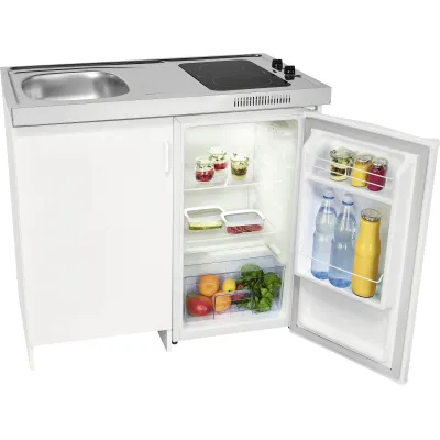 exquisit Miniküche KK2085 | Pantryküche mit 2-Zonen Glaskeramik-Kochfeld | Kühlschrank 76L | Spüle links | 100 cm | Weiß