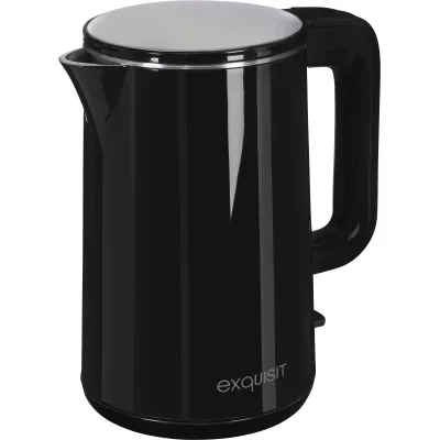Exquisit Wasserkocher WK 6103 | doppelwandig, kabellos, 1,5l, 2200W | Kalkfilter | 360° Sockel | Edelstahl-Schwarz