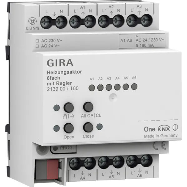 GIRA Heizungsaktor 213900 KNX REG 6-fach mit integriertem Raumtemperaturregler | 230V | Handschaltung | Metall | IP20