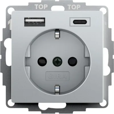 GIRA SCHUKO Steckdose 245926 | USB Typ A & Typ C | Unterputz | Safety Plus | 16A 230V | System 55 | Alu