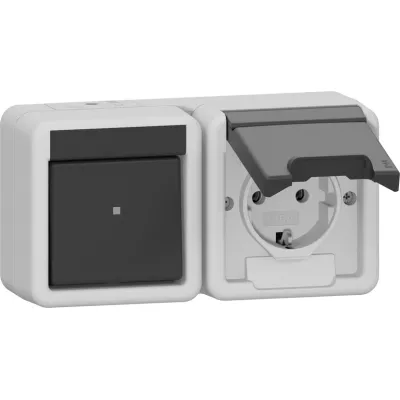GIRA Steckdosenkombination 417730 | Aufputz Wechselschalter & SCHUKO Typ F | 16A 250V | IP44 | grau | Thermoplast