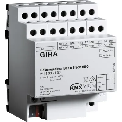 GIRA Heizungsaktor 6fach KNX REG 211400 | für Stellantriebe 24/230V | 6 Ausgänge | Triac | DIN-Hutschiene | IP20