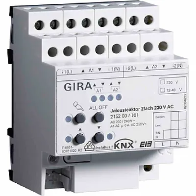 GIRA Jalousieaktor 2-fach 215200 KNX REG | 230V AC | Handbetätigung | 2 Ausgänge | DIN-Hutschiene | IP20 | Busankopplung