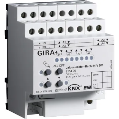 GIRA Jalousieaktor 4-fach 215400 24V DC KNX REG | Handbetätigung | Jalousiesteuerung | 4 Ausgänge | Hutschiene | IP20