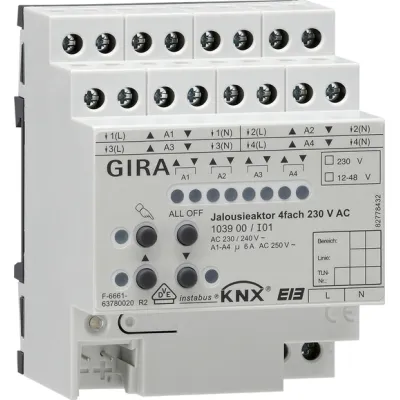 GIRA Jalousieaktor 4-fach 103900 KNX/EIB REG | 230V AC / 12-48V DC | Handbetätigung | IP20 | Hutschiene | 4 Kanäle