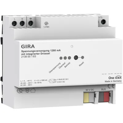 GIRA Spannungsversorgung KNX 213800 | 1280 mA | integrierte Drossel | REG 4TE | DC 30V | potenzialfreier Kontakt