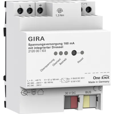 GIRA KNX Spannungsversorgung 212000 | 160 mA | integrierte Drossel | REG 4TE | DC 30V | kurzschlussfest | DIN-Hutschiene