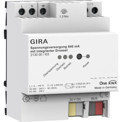 Gira Spannungsversorgung 213000 | KNX Netzteil 640 mA mit integrierter Drossel | REG | 4 TE | kurzschlussfest