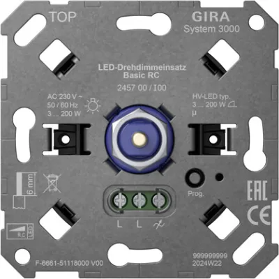 GIRA LED-Drehdimmer 245700 | System 3000 | Dreh-/Druckknopf | Unterputz | 200W kapazitive Last | RC Basic | IP20