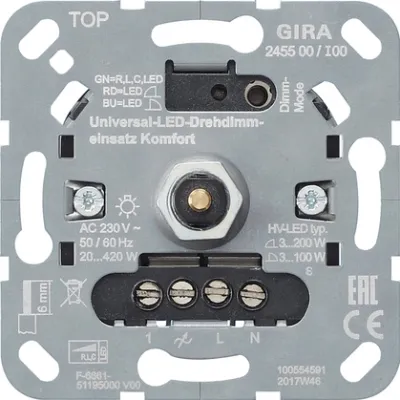Gira Universal-LED-Drehdimmer 245500 | System 3000 | Unterputz | Dreh-/Druckknopf | 20-210W | Lichtwertspeicher | IP20