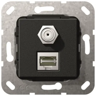 GIRA Modular Jack RJ45 Cat.6A | SAT F Buchse | 10 Gbit/s | UP | System 55 | Schraubmontage | schwarz matt