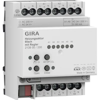 GIRA Heizungsaktor 213900 KNX REG 6-fach mit integriertem Raumtemperaturregler | 230V | Handschaltung | Metall | IP20