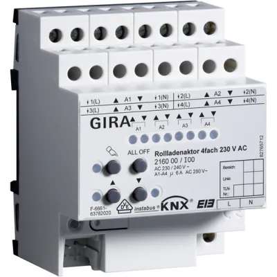 Gira Rollladenaktor 216000 KNX/EIB REG | 4-fach | 230V AC | Handbetätigung | DIN-Hutschiene | Statusanzeige | IP20