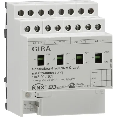 GIRA Schaltaktor 4-fach 16A KNX/EIB REG 104500 | C-Last | Strommessung | Handbetätigung | Hutschiene | 4 TE